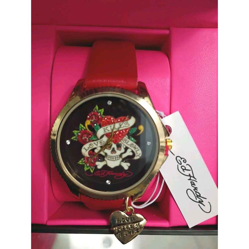 Ed Hardy "Love Kills Slowly" Ladies Watch Skull Dial Red Silicone Strap